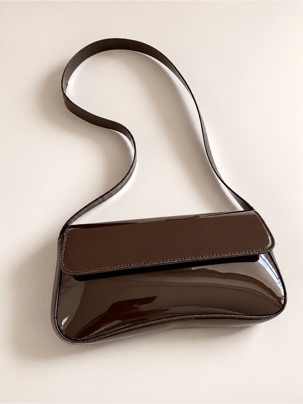 Chocolate Brown Patent Shoulder Bag Baguette Purse Y2K Minimalist Glossy New